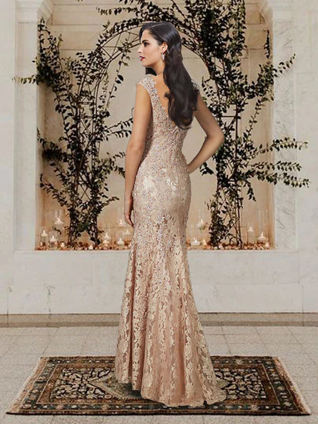 Wholesale Mermaid / Trumpet Mother of the Bride Dress Luxurious Elegant Scoop Neck Floor Length Lace Sleeveless with Beading Appliques